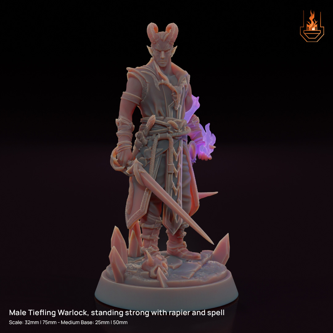Male Tiefling Warlock with rapier and spell [Supported]