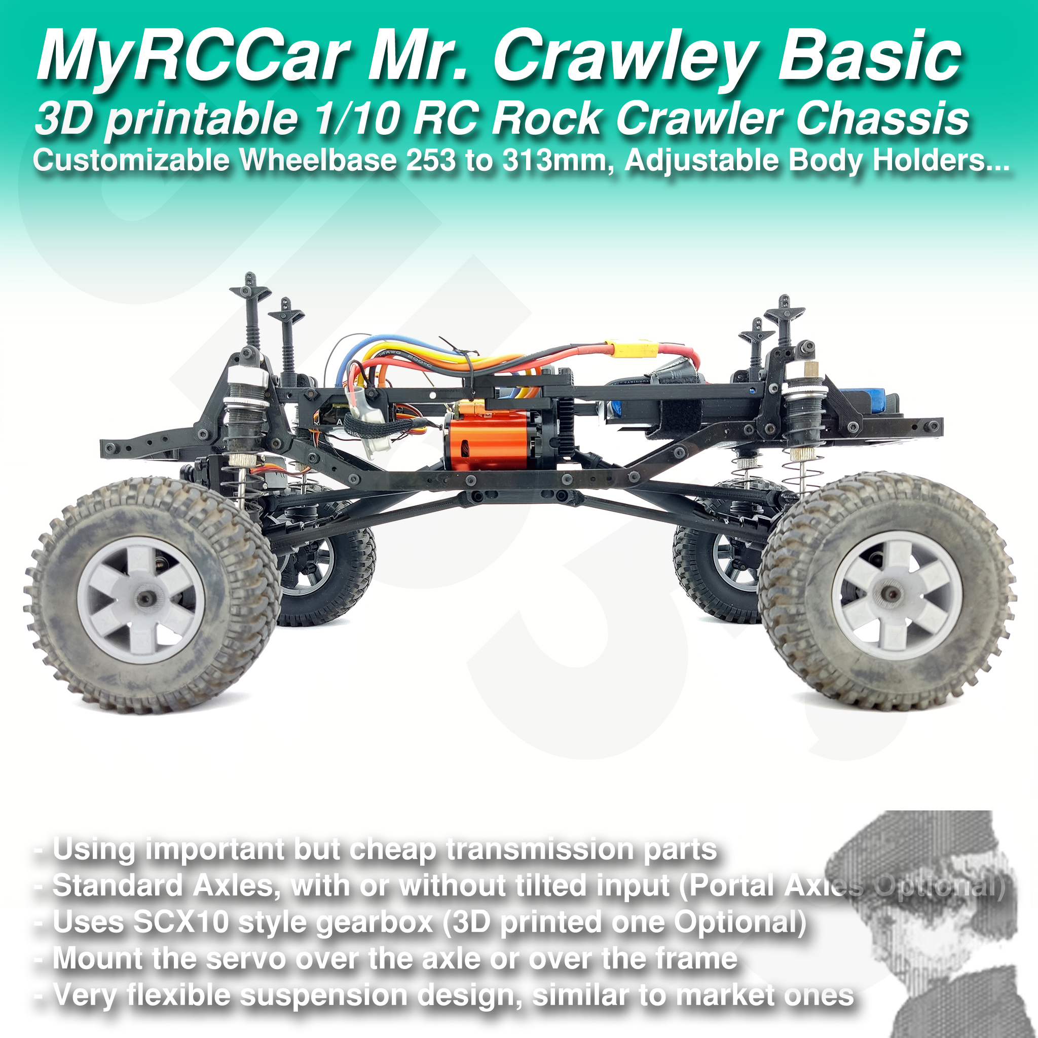 MyRCCar Mr. Crawley Basic. 1/10 RC Rock Crawler Chassis with Customizable Wheelbase from 253 to 313mm