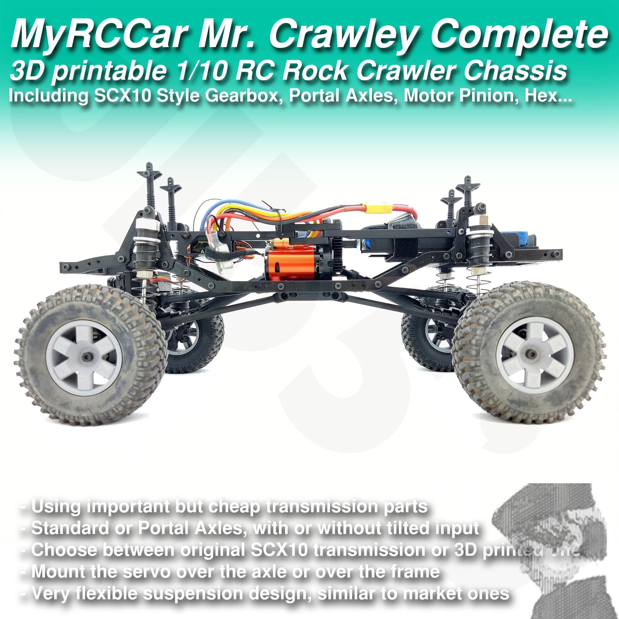 MyRCCar Mr. Crawley Complete. 1/10 Customizable RC Rock Crawler Chassis with Portal Axles and Gearbox