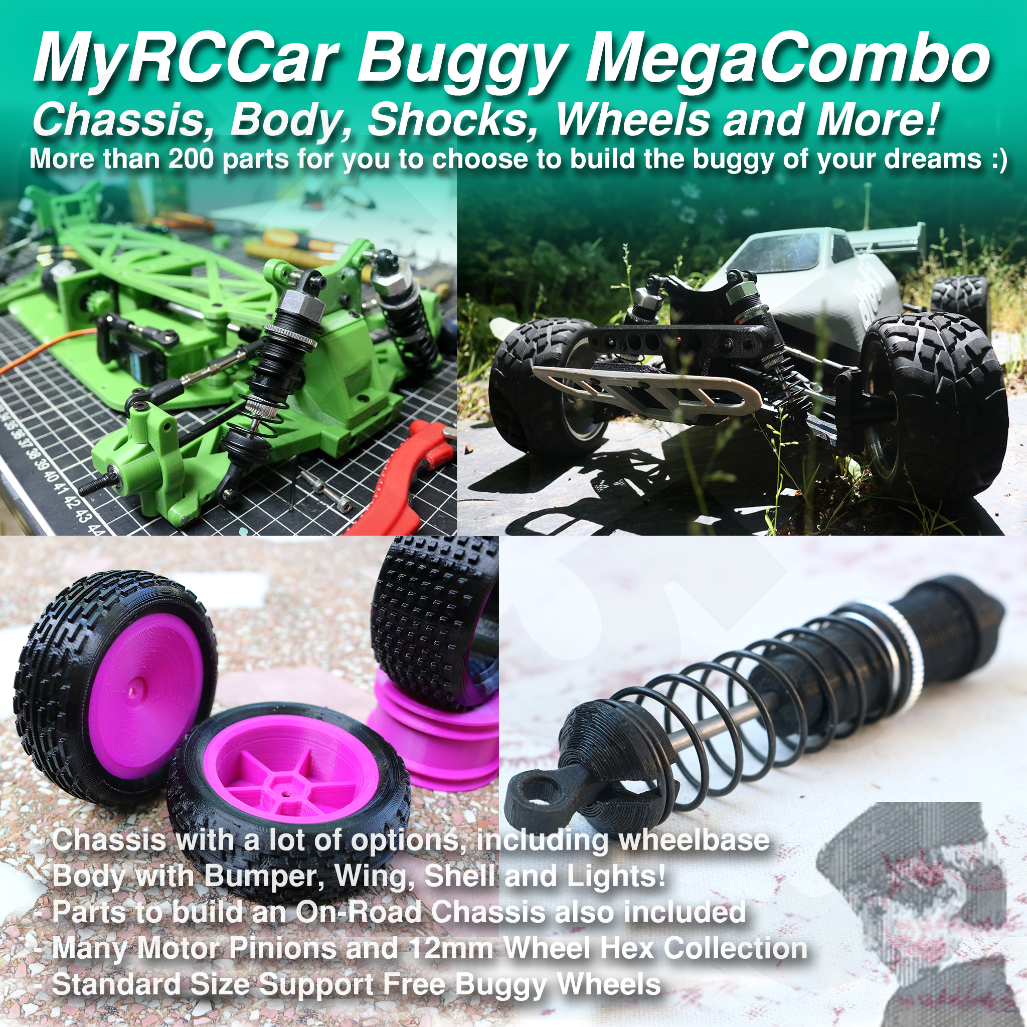 MyRCCar OBTS Buggy Mega COMBO, including Chassis, Body, Shocks, Wheels, HEX, and Motor Pinions