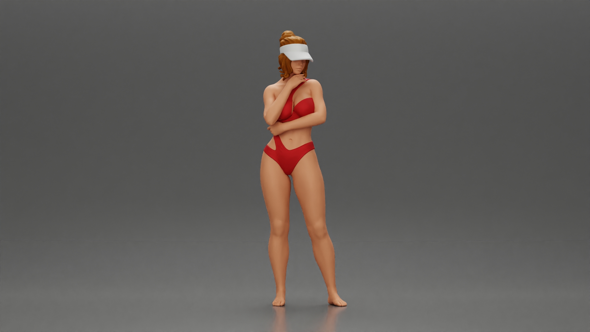Sexy girl in a bikini and an empty top cap, thinking on the beach