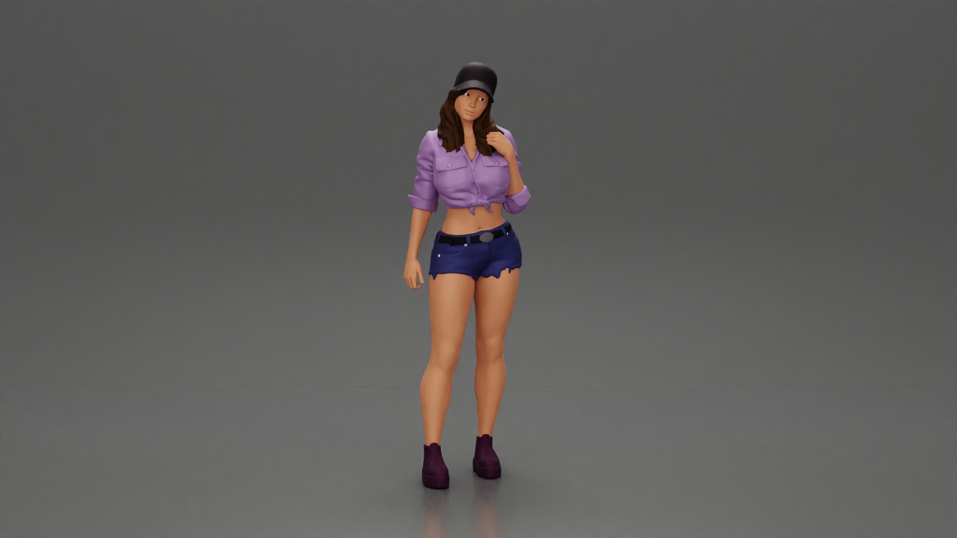 Sexy girl in a cap, mini shirt, and shorts, waiting for someone