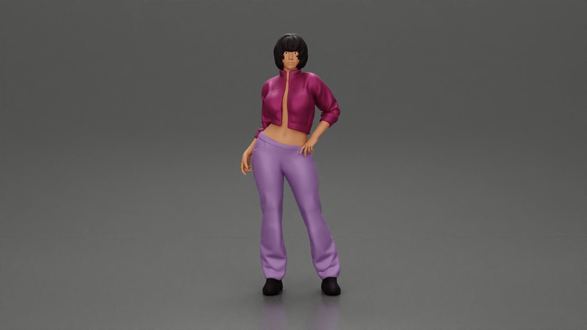 attractive girl with short hair posing in a mini open jacket and pants