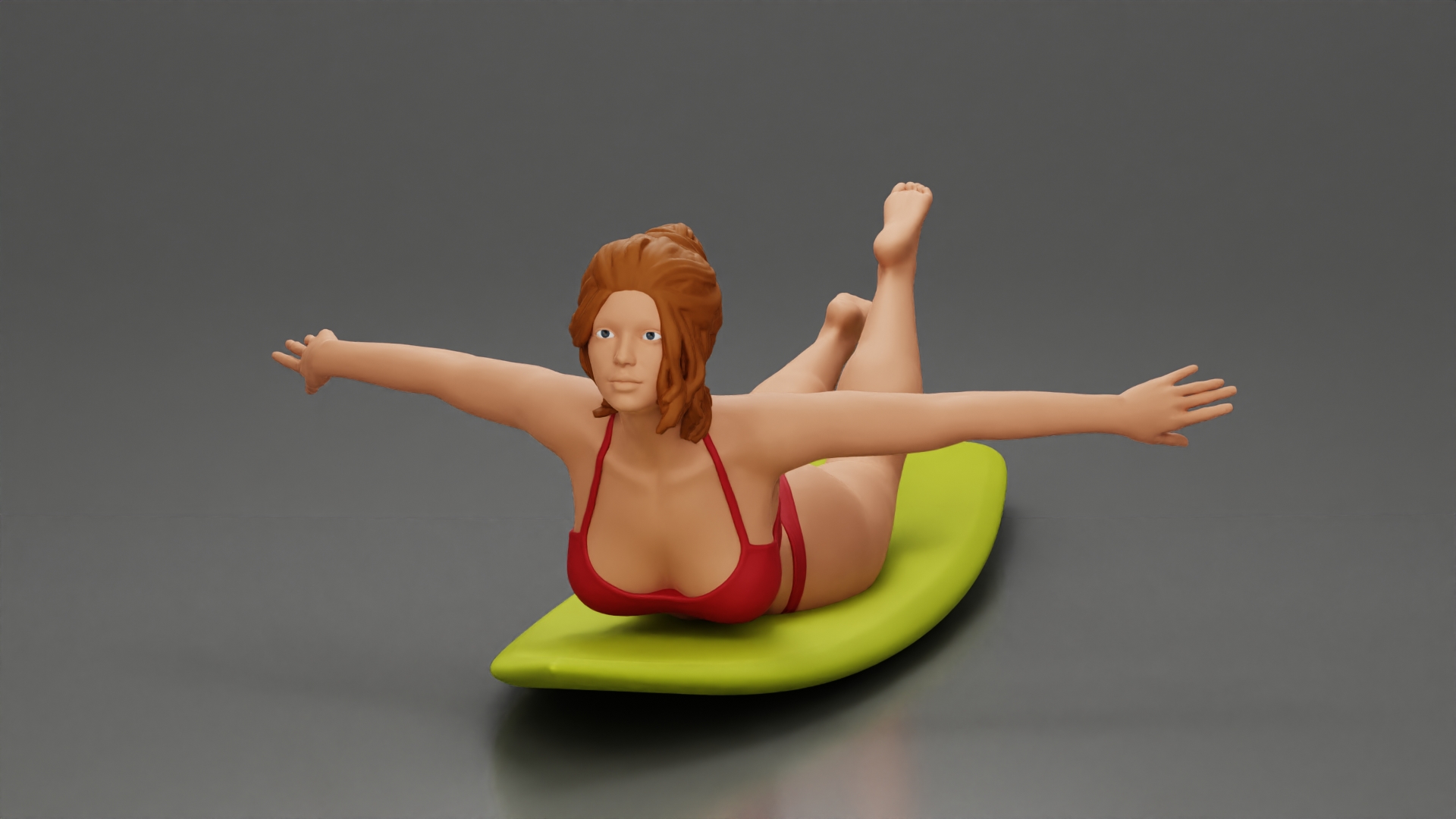 surfer girl with effortless grace, lying on her surfboard as she rides the wave