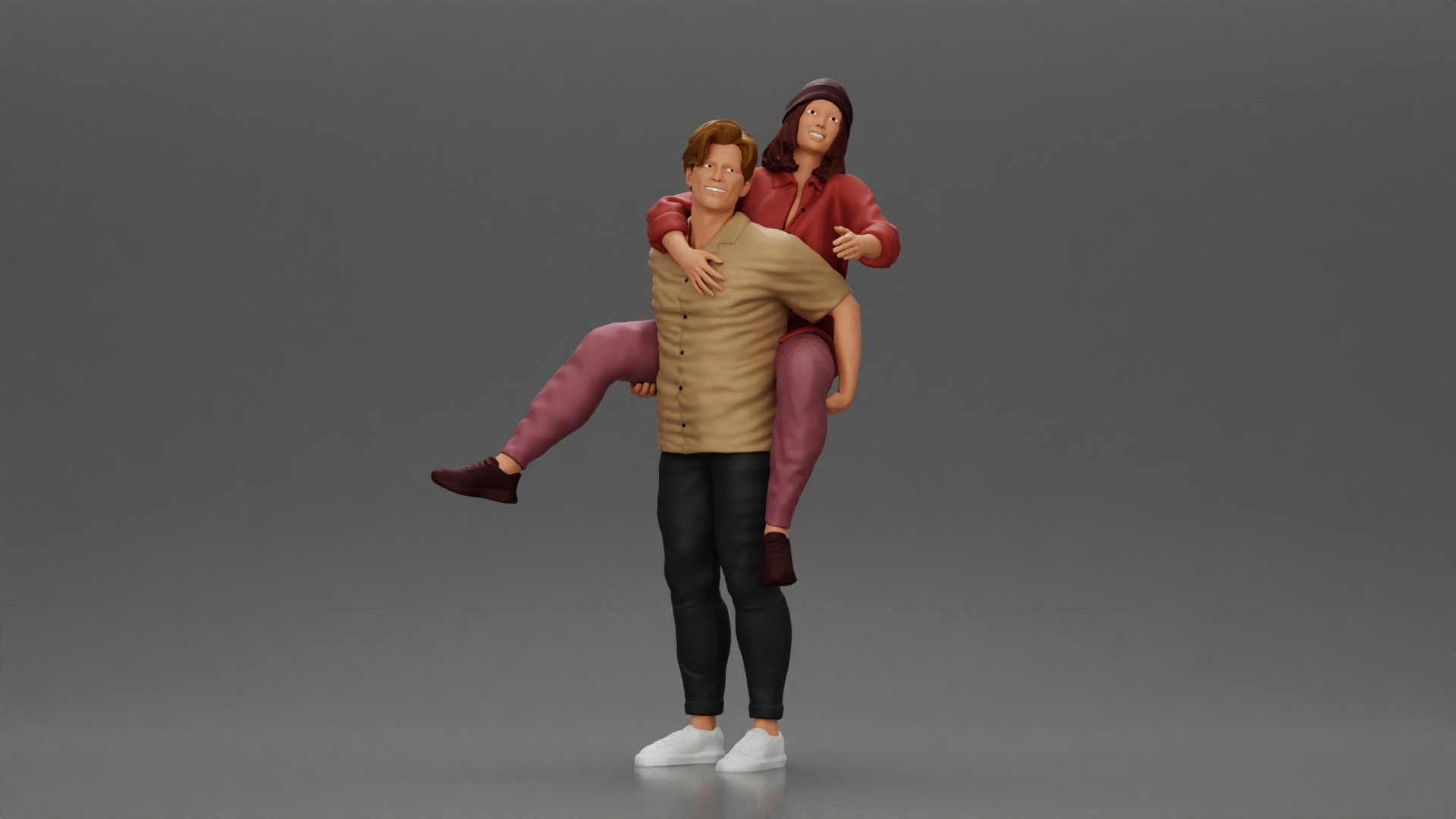 handsome, happy man in a shirt is pulling his girlfriend in hat and open shirt