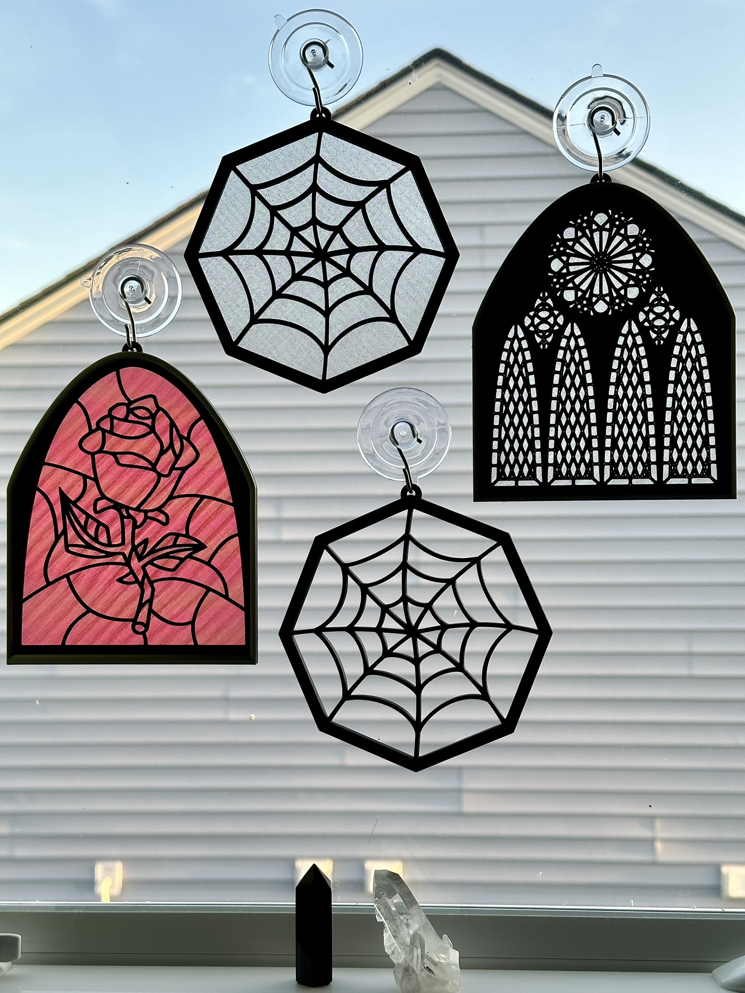 Stained Glass Rose, Cathedral, and Spiderweb Hanging Window Decorations or Ornaments