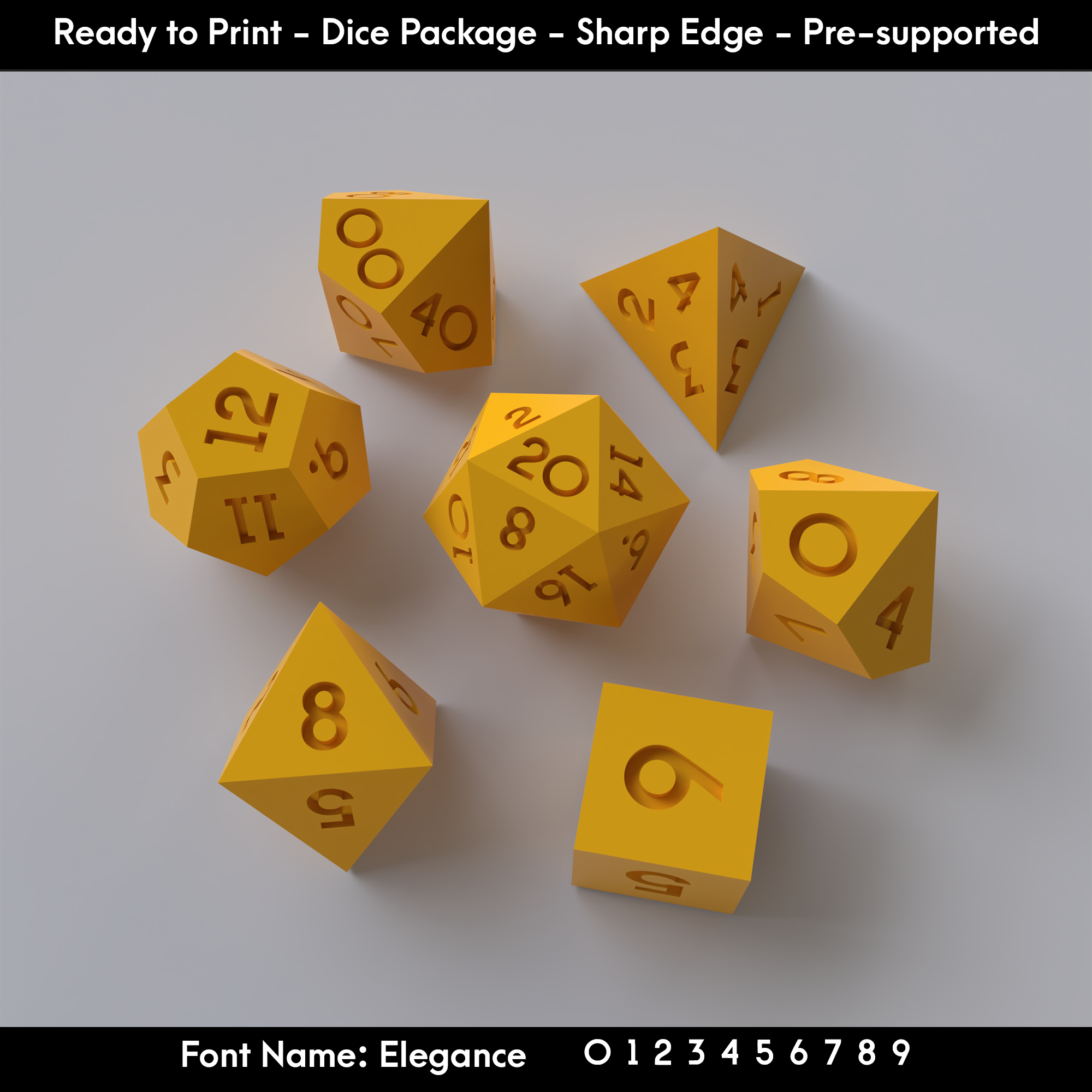 Dice Masters – Ready to Print - 7 Piece Set – Presupported STL Files for 3D Printing – Featuring Our Exclusive Elegance Font