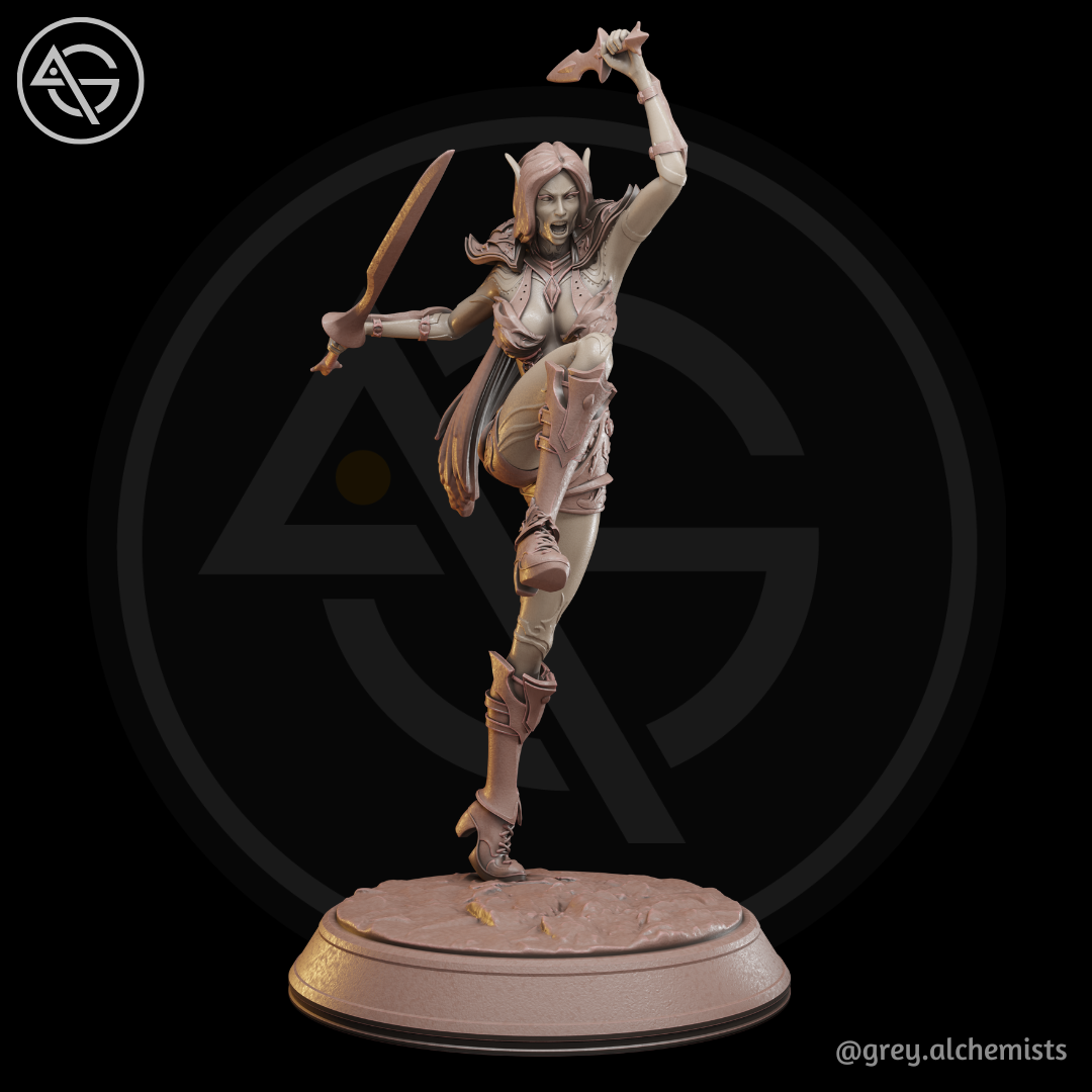 Rina the Drow Demon Hunter - Attack Pose, DnD Miniatures - Fantasy Character in 32mm & 75mm - DnD STL (Pre-Supported)