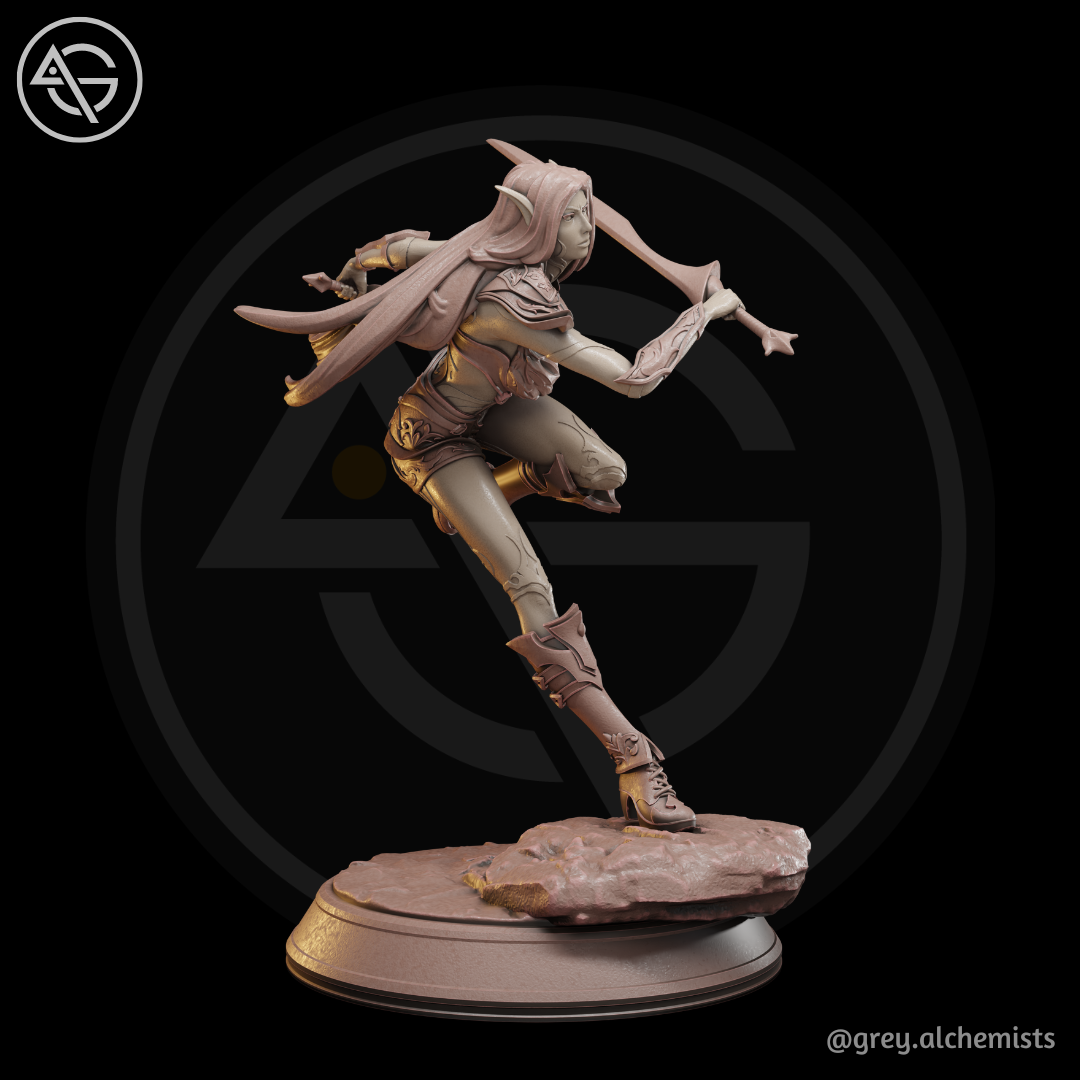 Rina the Drow Demon Hunter, Attack Pose 2, Fantasy Character in 32mm & 75mm - DnD STL (Pre-Supported)
