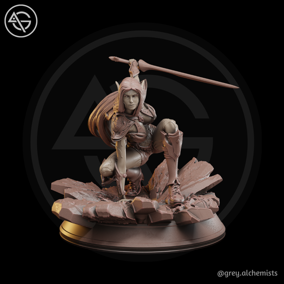 Rina the Drow Demon Hunter in Crouching Pose, DnD Miniatures - Fantasy Character in 32mm & 75mm - DnD STL (Pre-Supported)