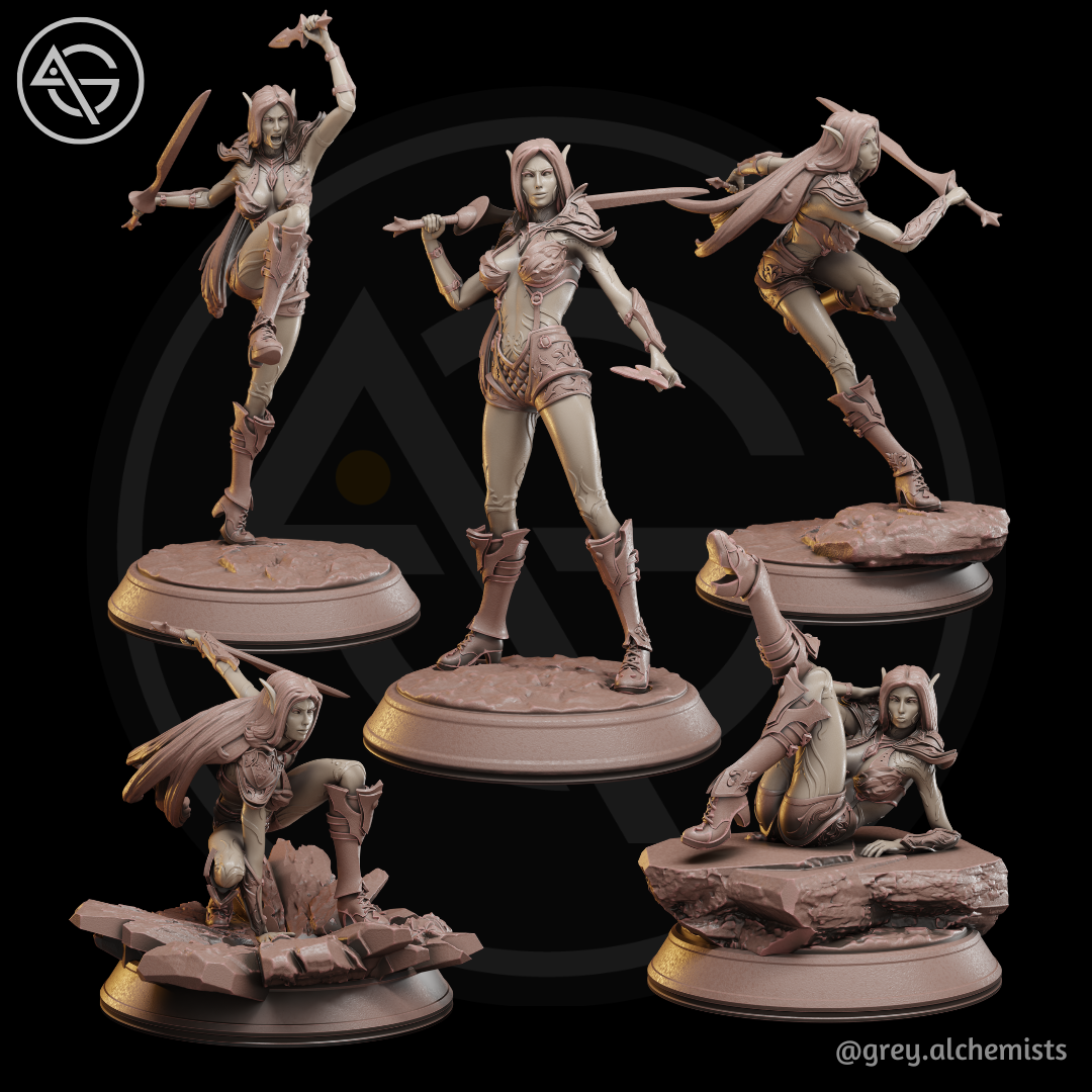 DnD Miniatures Set in 32mm & 75mm - Rina the Drow Demon Hunter - Fantasy Character - DnD STL (Pre-Supported)