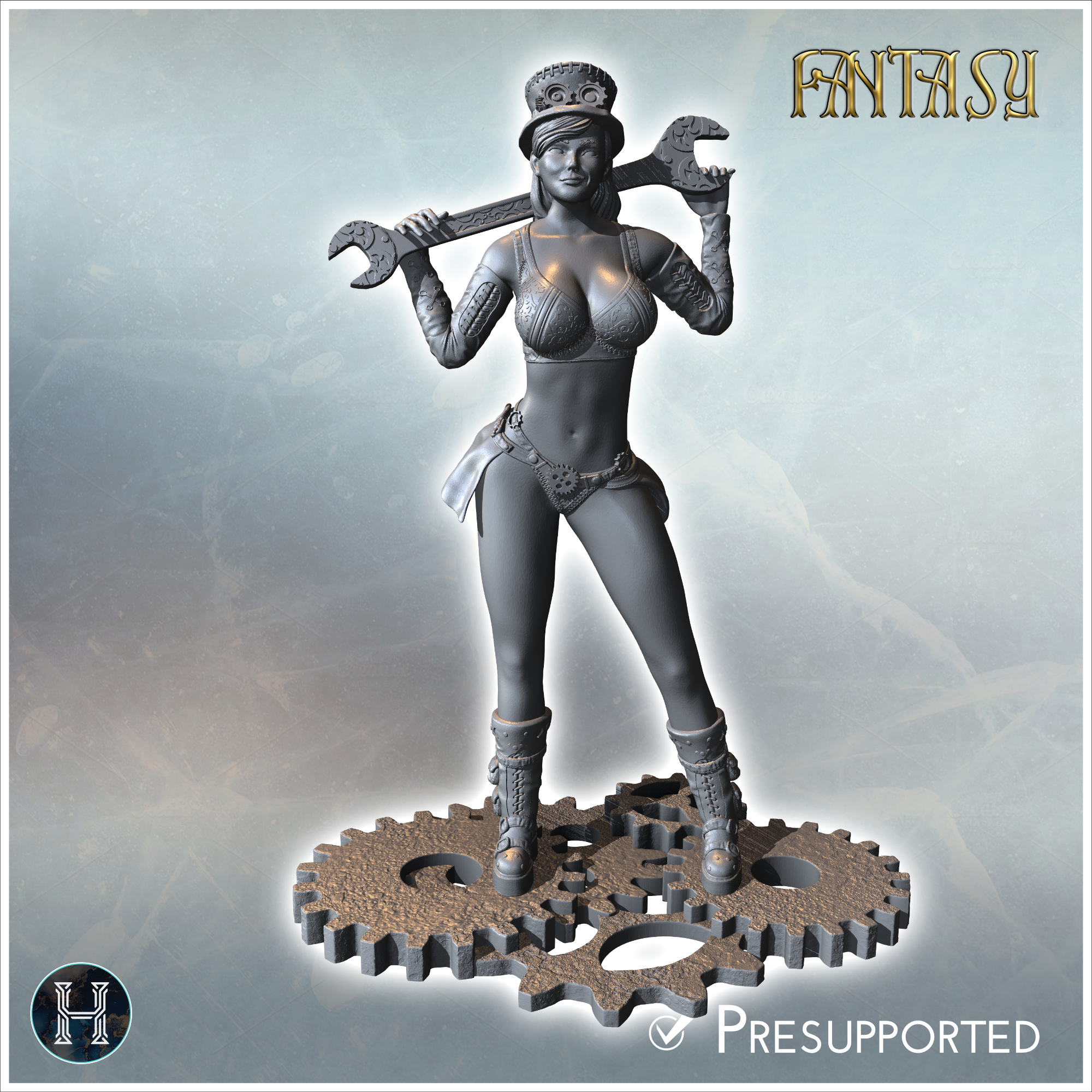 Female character holding a large wrench over her shoulders, standing on gears, wearing detailed clothing (31) - Medieval Fantasy Magic Feudal Old Archaic Saga 28mm 15mm