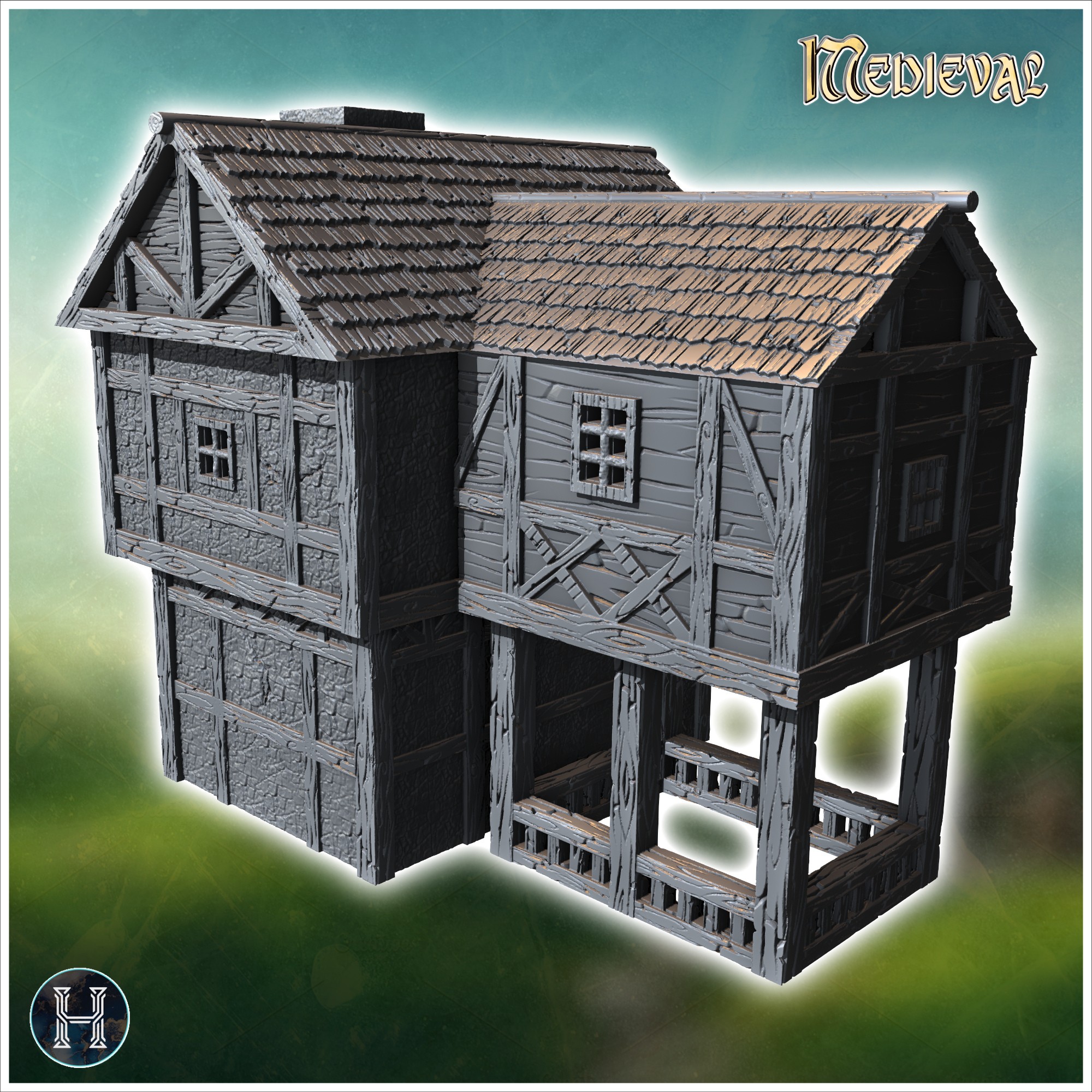 Two-story medieval house with a steeply pitched roof, wooden balcony, and stone walls (32) - Medieval Gothic Feudal Old Archaic Saga 28mm 15mm RPG