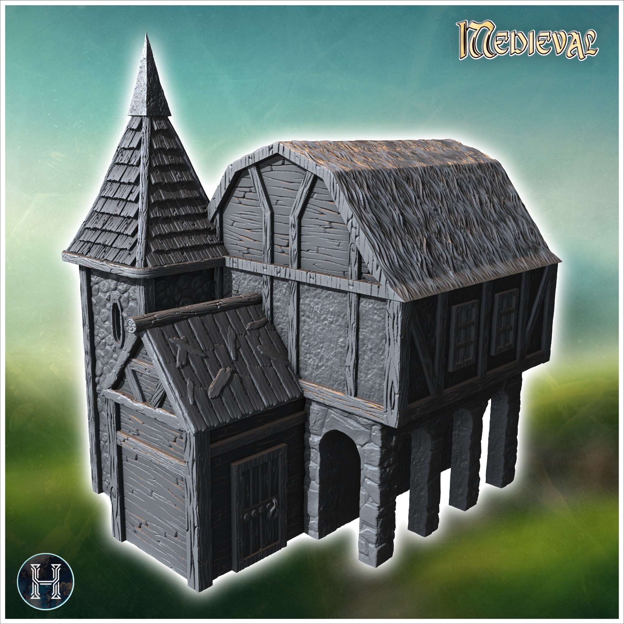 Large wooden structure with a tall tower, barn-like roof, and multiple small doors (34) - Medieval Gothic Feudal Old Archaic Saga 28mm 15mm RPG