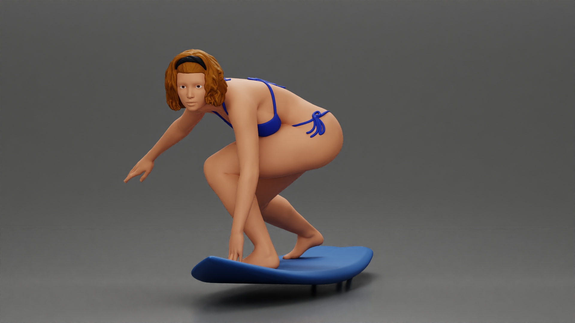 Confident surfer woman in a bikini, riding a wave on her surfboard