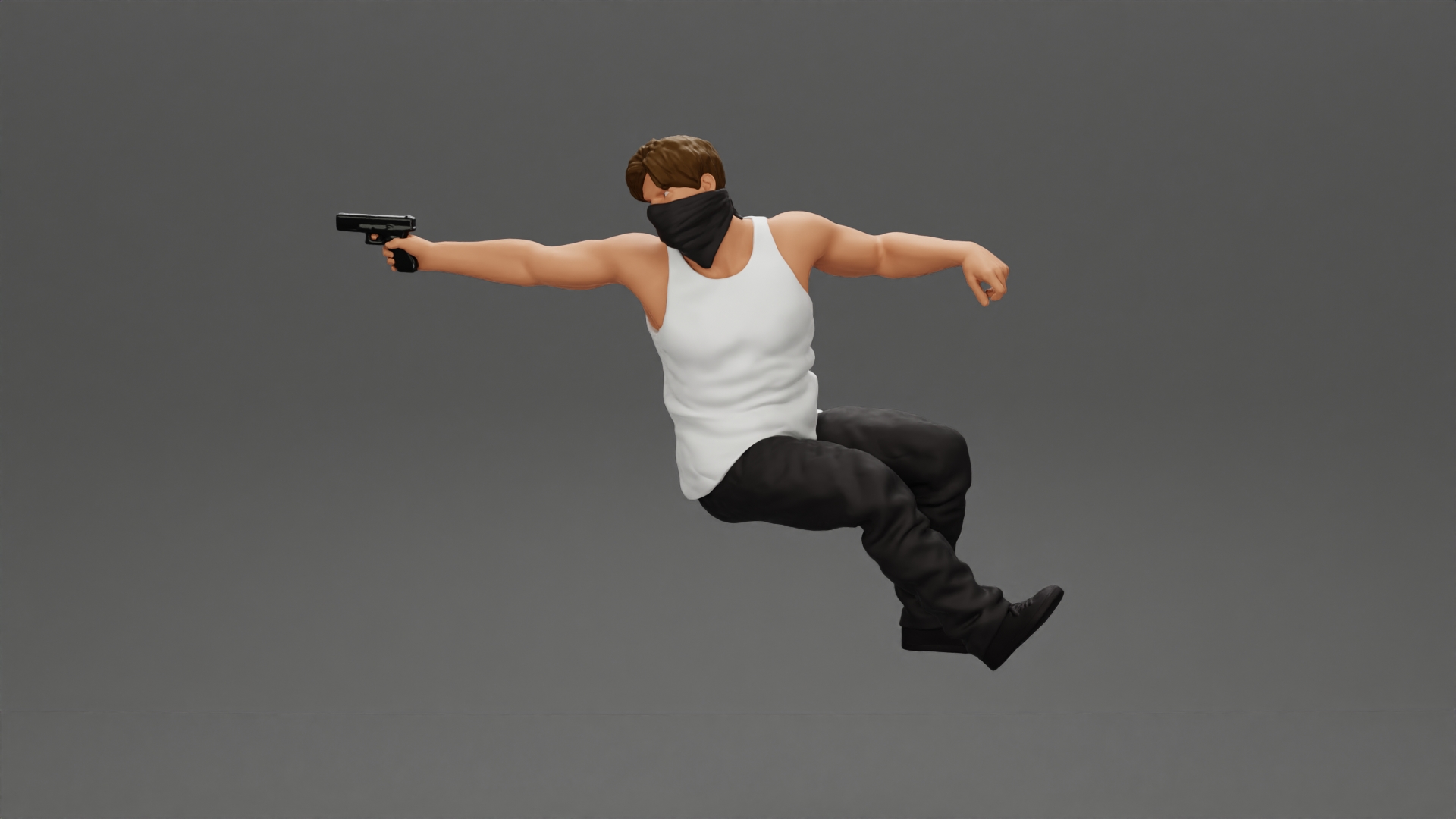 A masked gangster man riding in a car and holding a gun