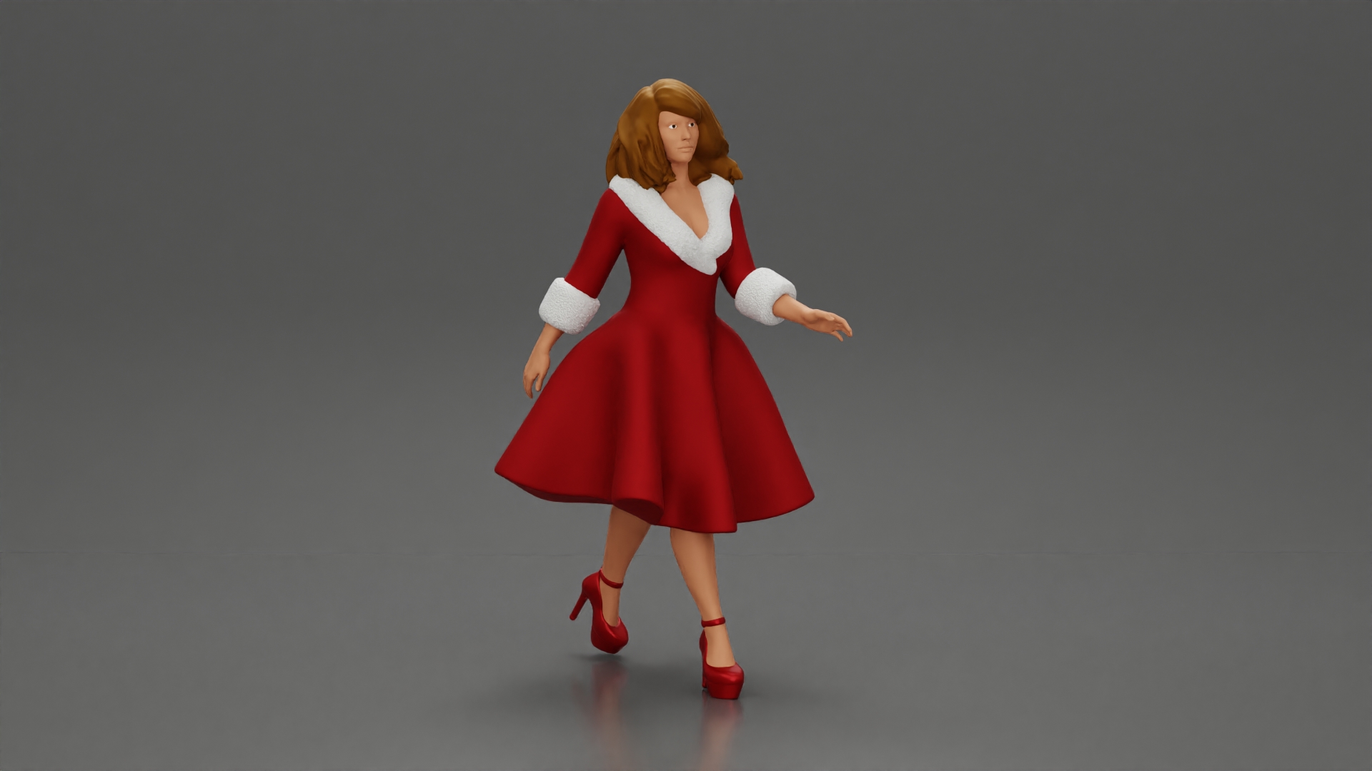 Festive Elegance Woman in Red Dress with Fur Trim