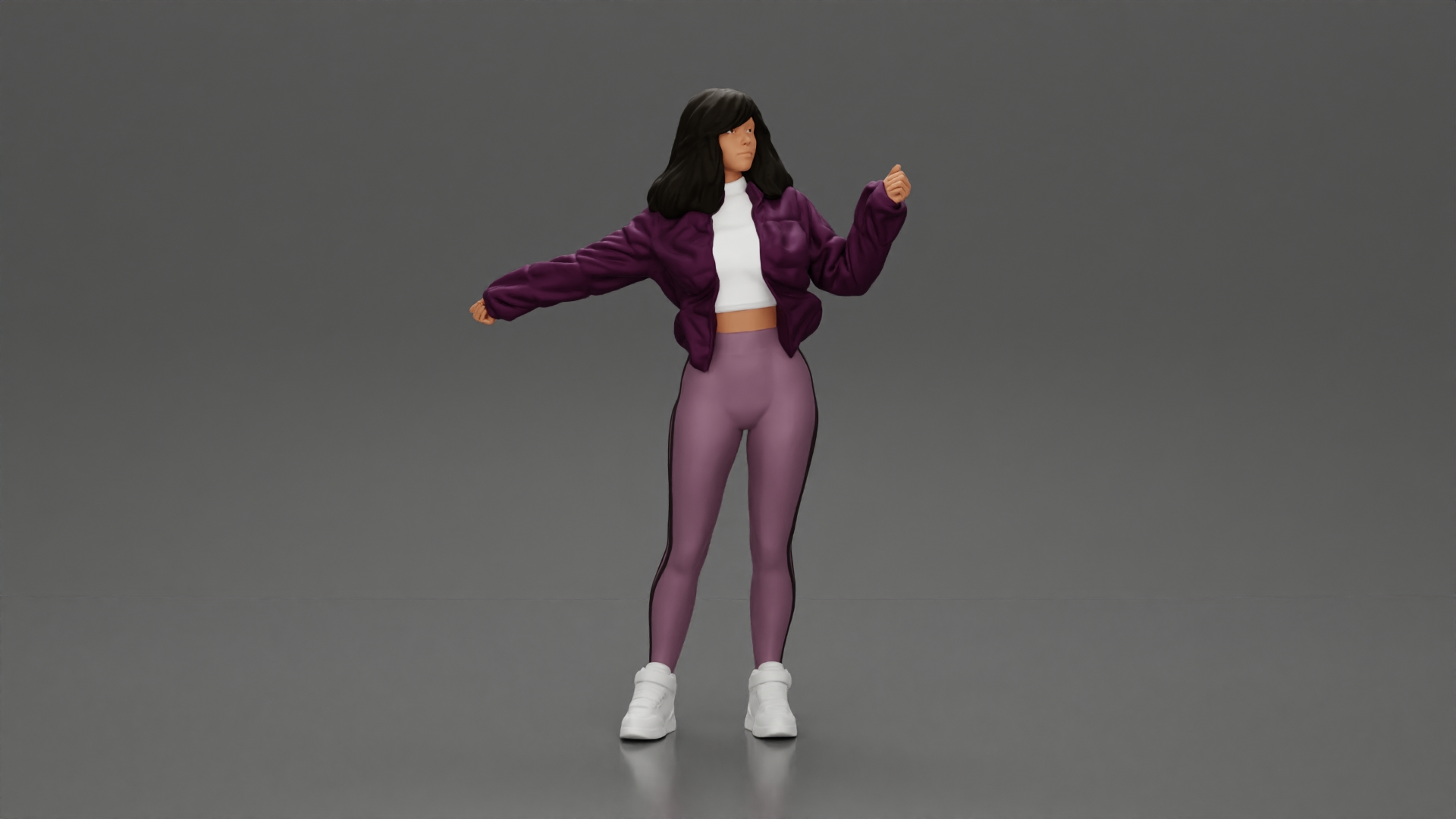 sexy girl in an open jacket and pants, posing happily
