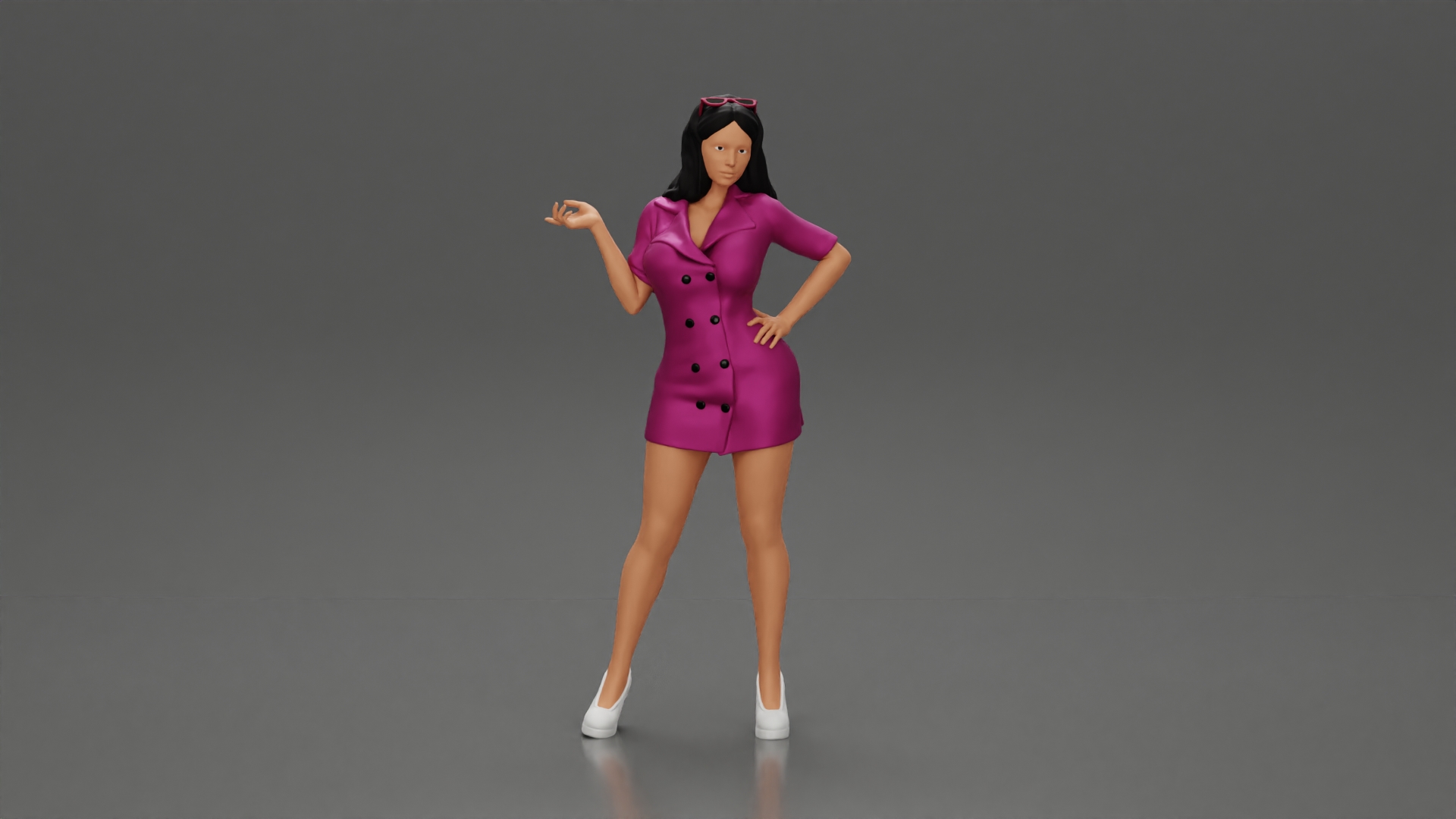 Stylish woman with sunglasses in her hair, exuding chic elegance while striking a pose in a fashionable dress