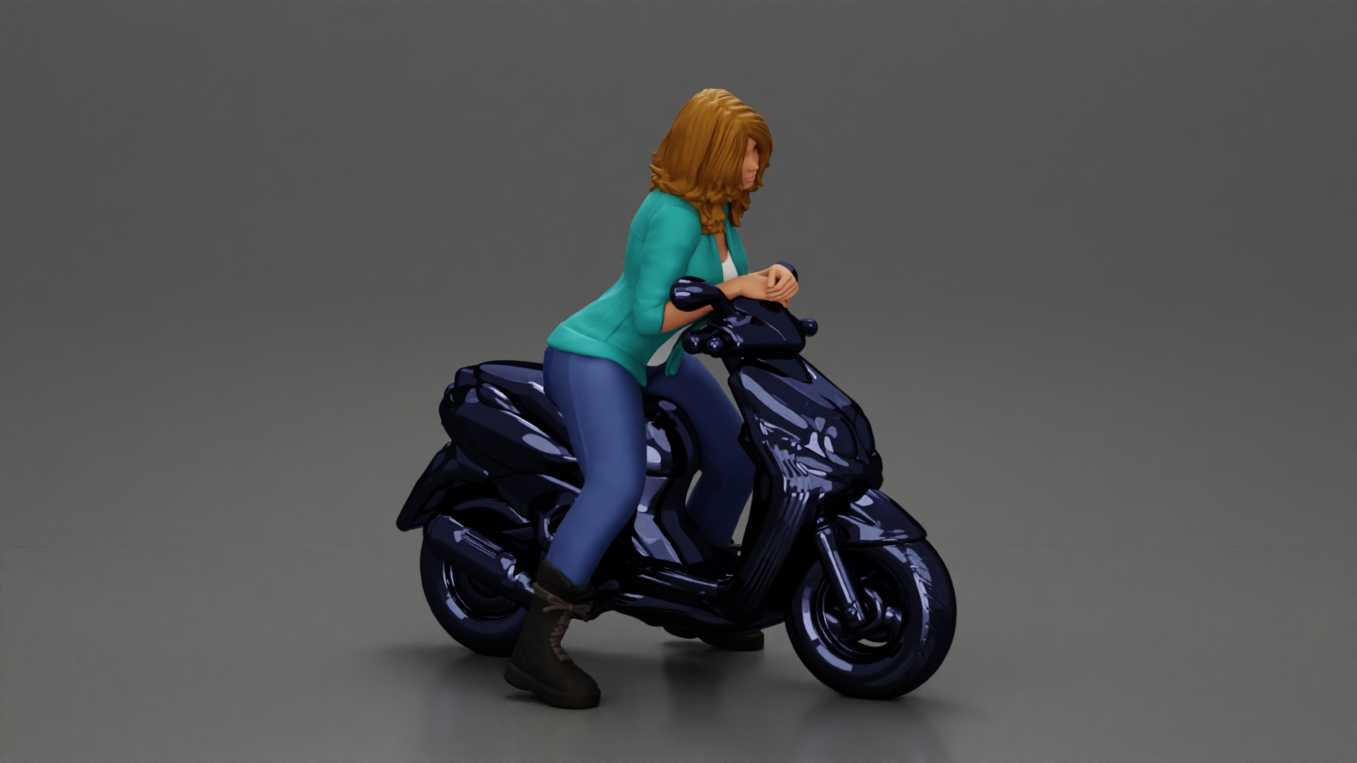 Girl sitting on a scooter, wearing an open jacket