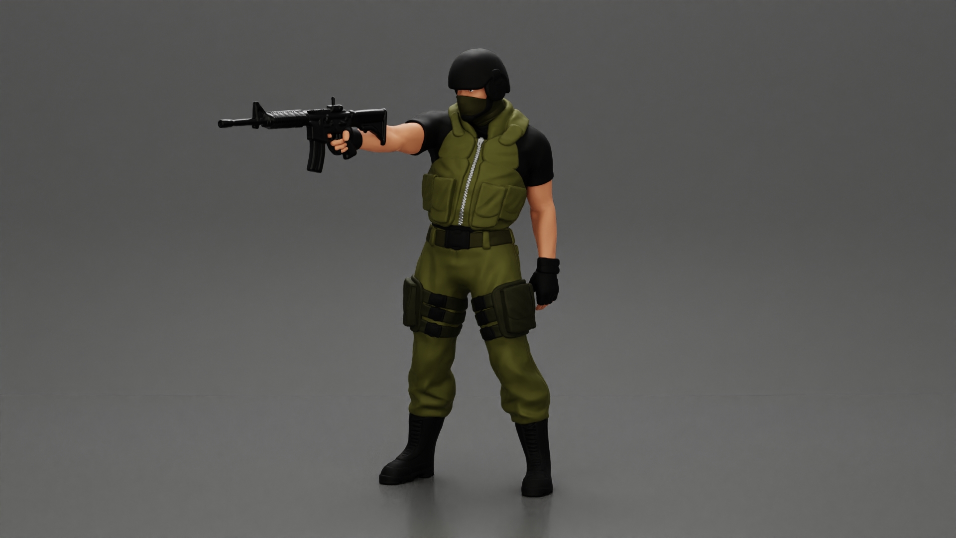 Military precision A man with tactical mastery, wearing a mask and holding a gun with one hand aimed at the enemy
