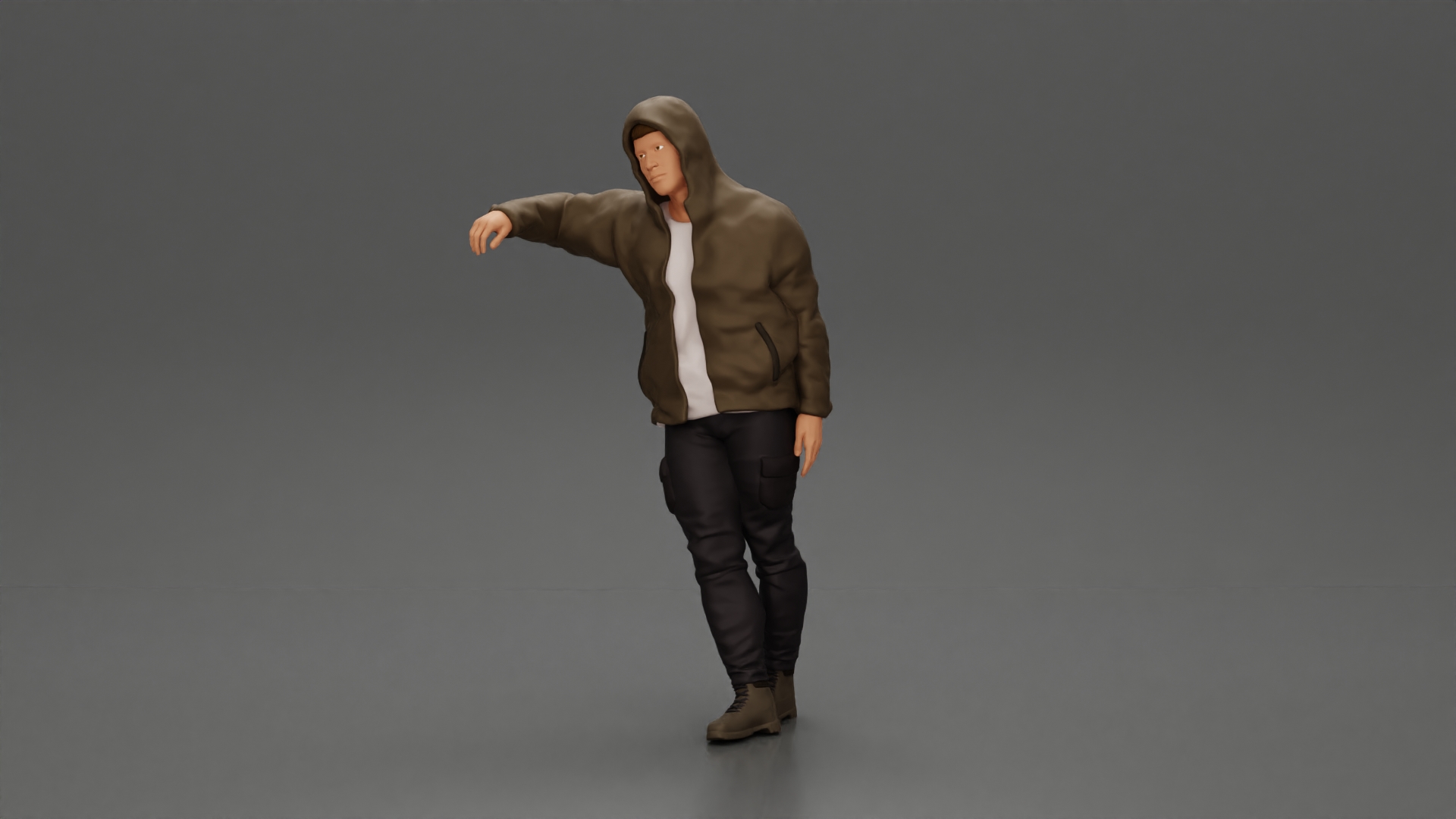 man leaning against the car, wearing an open jacket with hood
