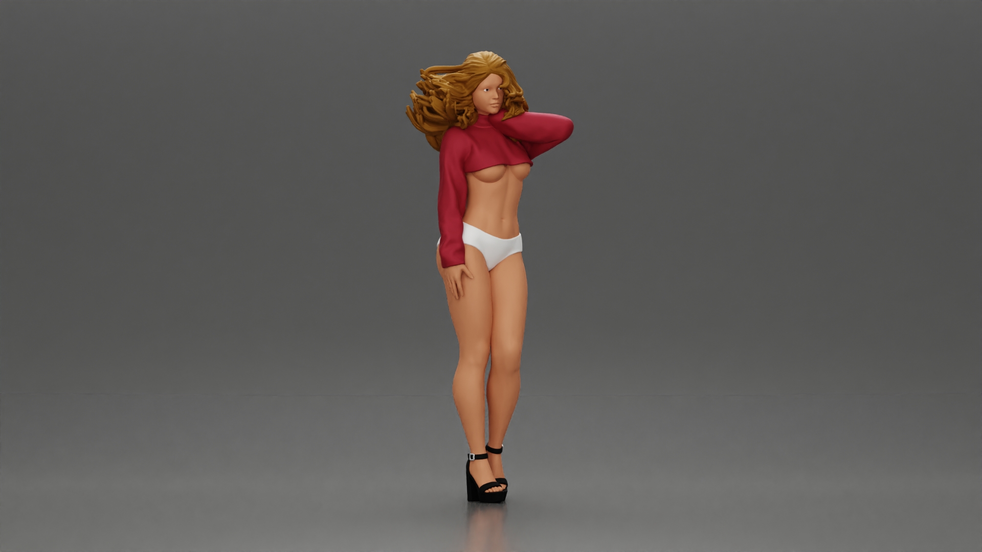 woman in heels, a string bikini, and a sultry mini shirt with sleeves