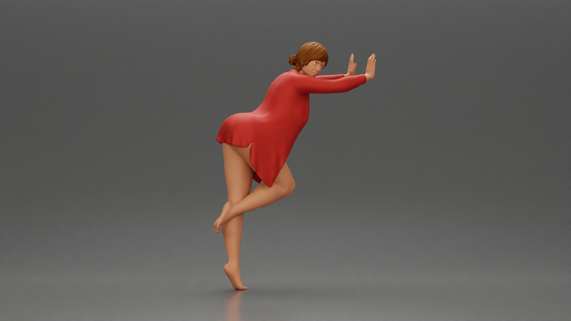 woman in an open long shirt and bikini, leaning with her hands against the wall