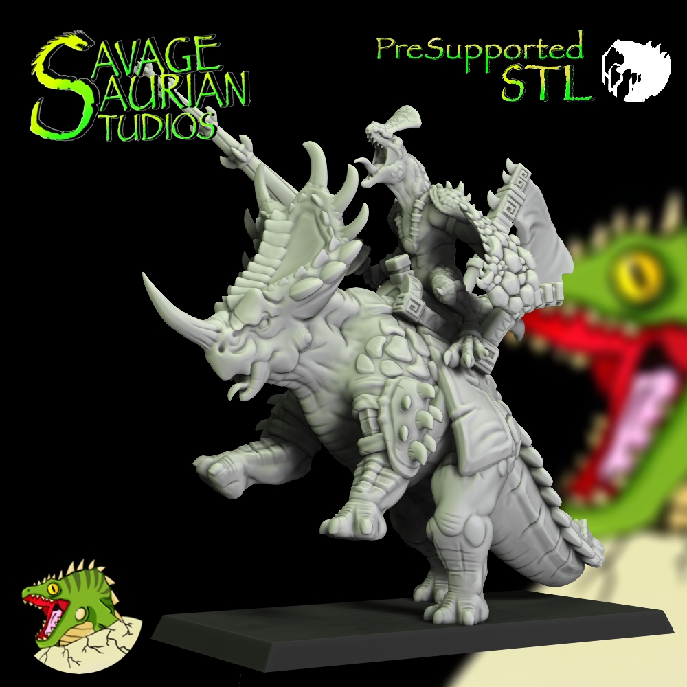 Troodle Knight on Styracosaurus- Dinosaur Lizardmen