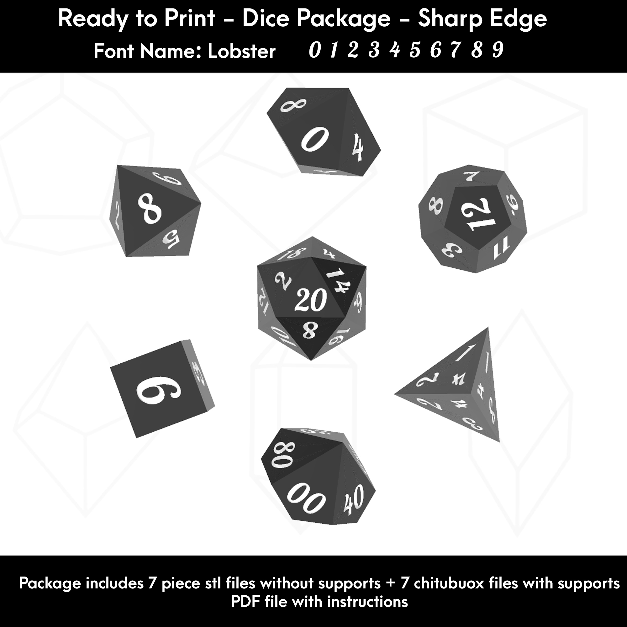 Dice Masters – Ready to Print - 7 Piece Set – Presupported STL Files for 3D Printing – Featuring the amazing Lobster Font