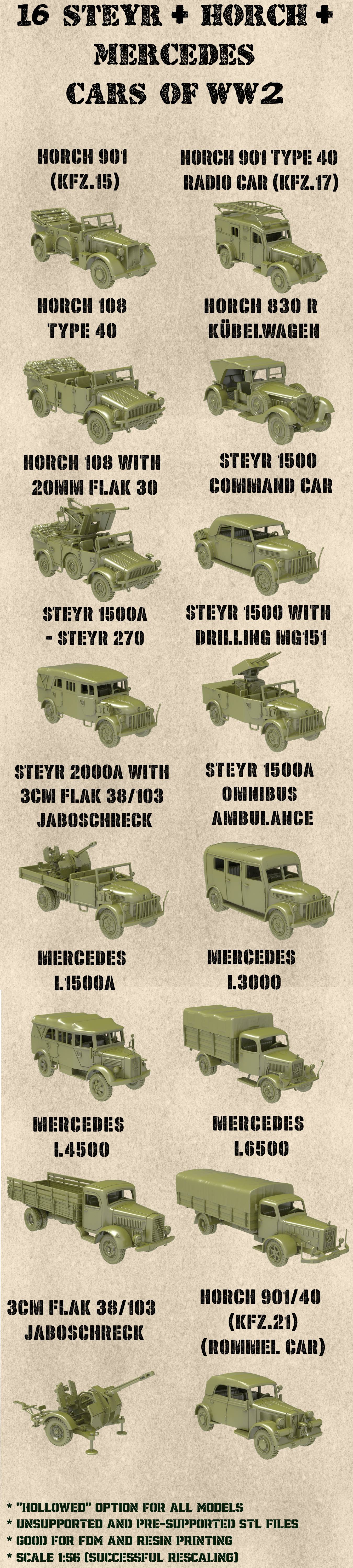 STL PACK - 16 STEYR+HORCH+MERCEDES BENZ Military cars of WW2 (scale 1:56)