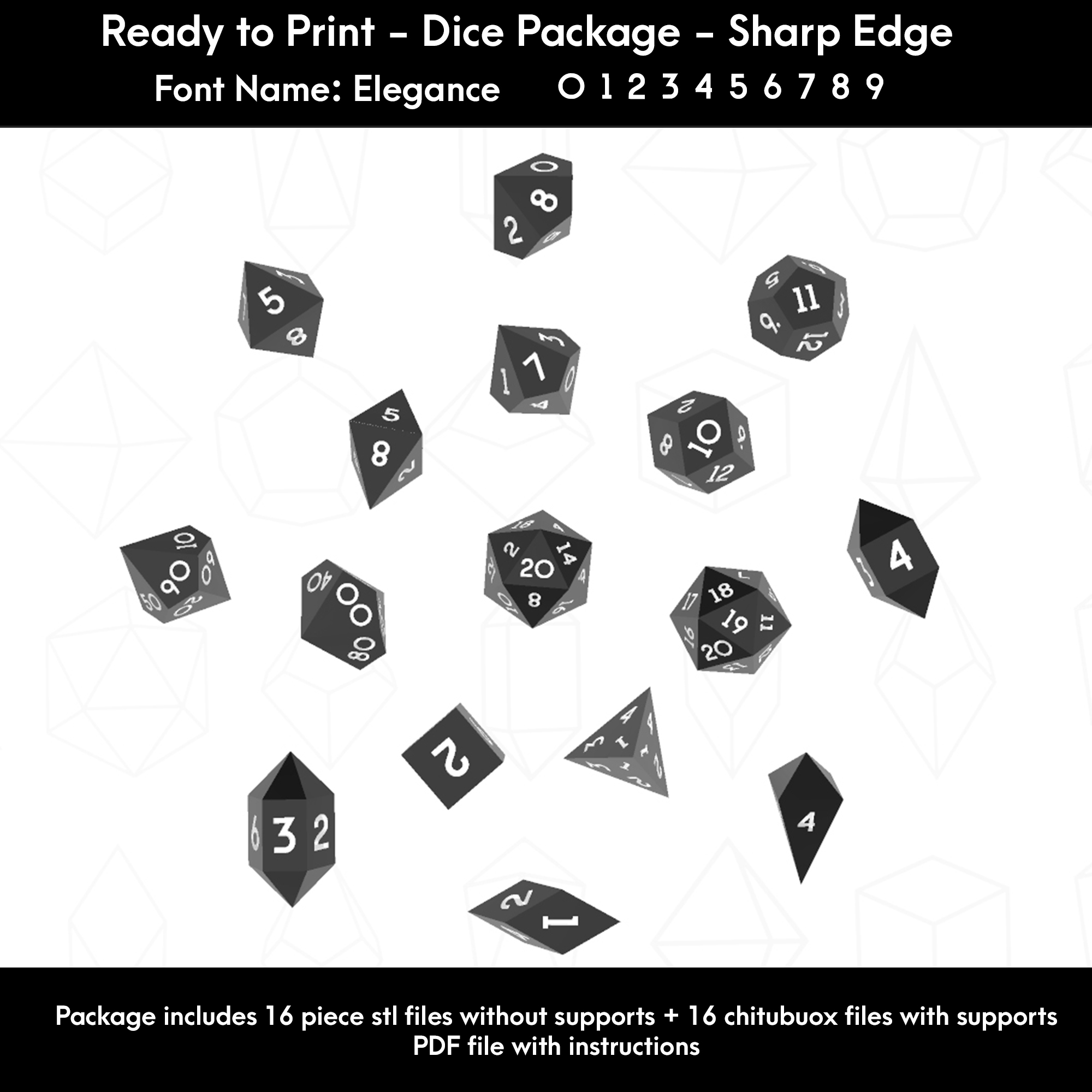 Dice Masters – Ready to Print - 16 Piece Set – Presupported STL Files for 3D Printing – Featuring Our Exclusive Elegance Font