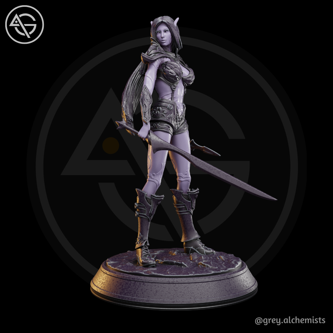 Rina the Drow Demon Hunter, DnD Minis, Pose 6 - Fantasy Character in 32mm & 75mm - DnD STL (Pre-Supported)