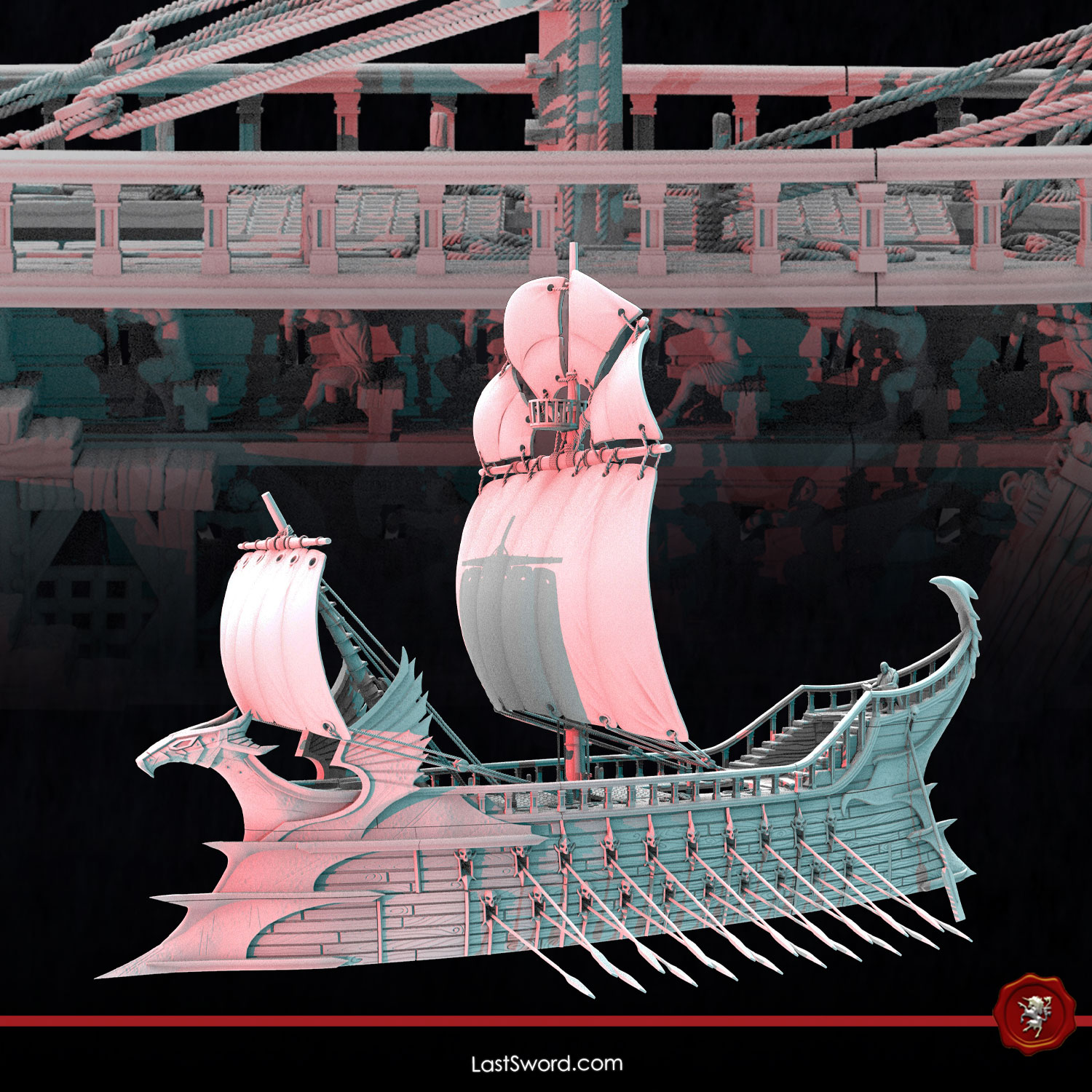 Fallen Lineage Bireme and Crew | Resin + FDM Terrain | 30mm Fantasy Scenery