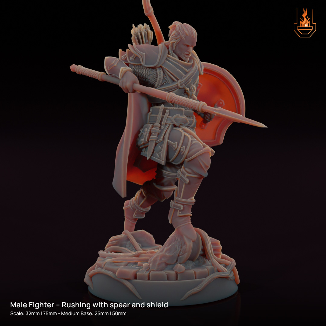 Human Male Fighter - Rushing with spear and shield [Supported]
