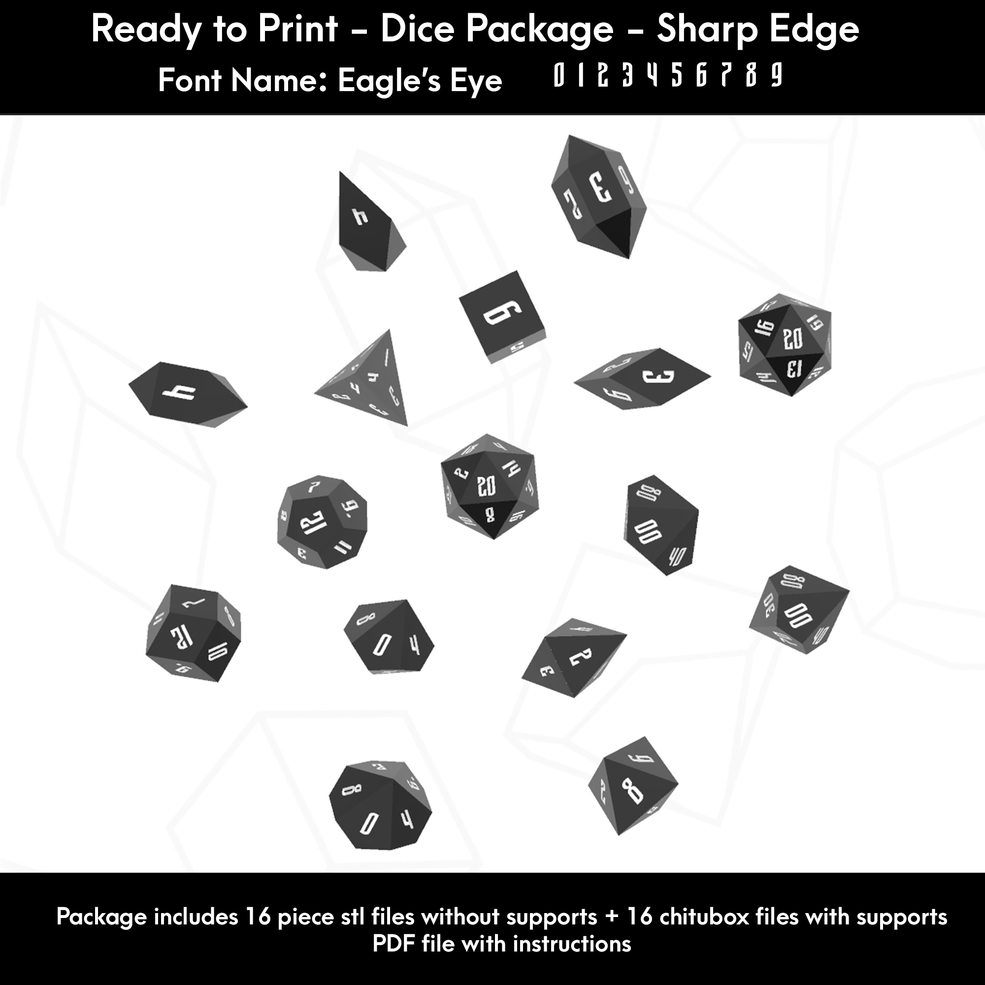 Dice Masters – Ready to Print - 16 Piece Set – Presupported STL Files for 3D Printing – Featuring Our Exclusive Eagle's Eye Font